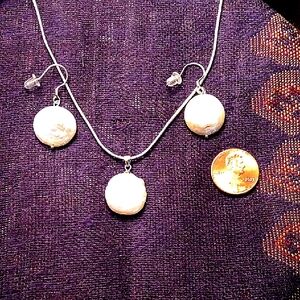 Genuine Coin Pearl Necklace and Earring Set